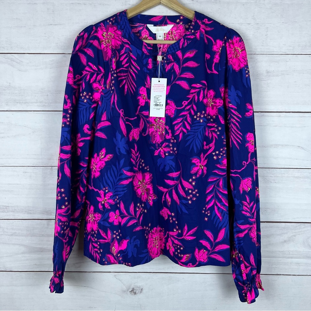 Bright Floral Long-Sleeve Blouse - Navy & Hot Pink